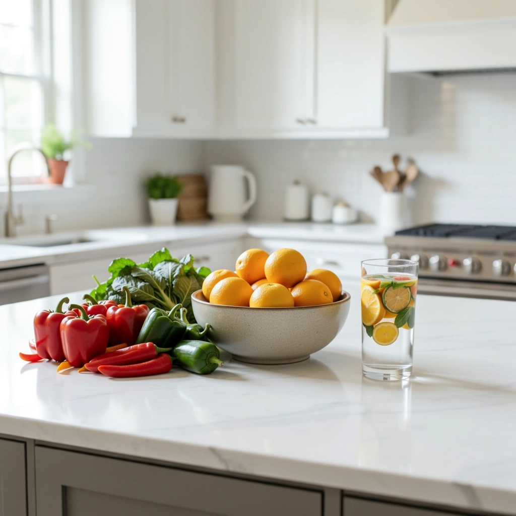 Frische gesunde Lebensmittel in einer modernen Frankfurter Küche